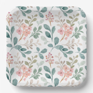Green Peach Floral Paper Plates, Botanical Party Plates