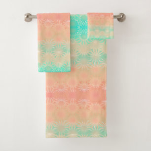 Green, Peach, Melon and Coral Geometric Bath Towel Set