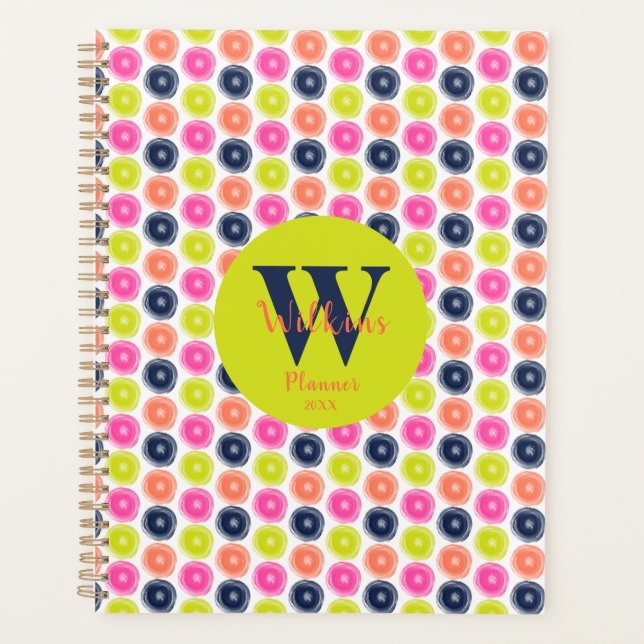 Green Peach Pink Blue Dry Brush Polka Dots Planner (Front)