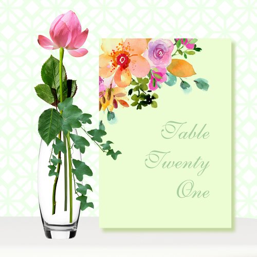 Green Peach Pink Floral Bouquet Script Wedding Table Number