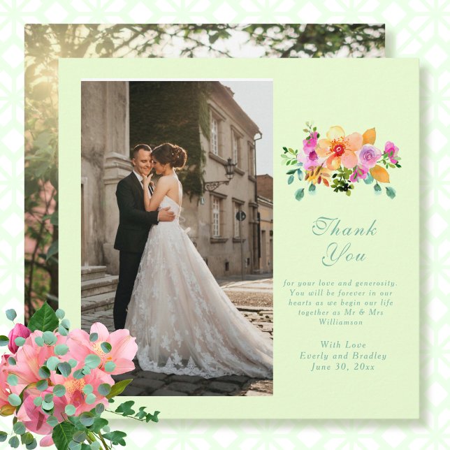Green Peach Pink Floral Photo Script Thank You Invitation (Creator Uploaded)