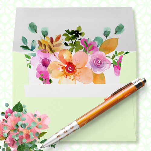 Green Peach Pink Watercolor Floral Garden Bouquet Envelope