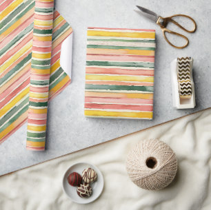 Green Peach Rose Red Yellow Stripes Birthday Wrapping Paper