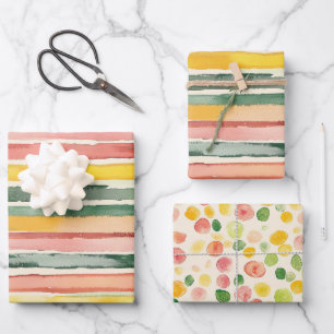 Green Peach Rose Red Yellow Stripes Birthday Wrapping Paper Sheets