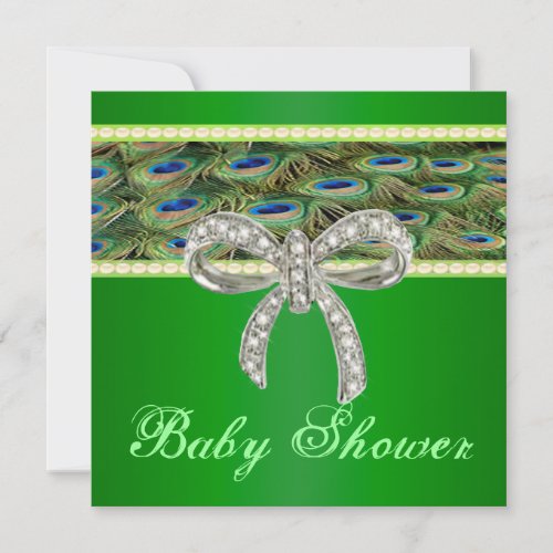 Green Peacock Diamond Bow Baby Shower Invitation