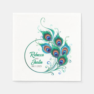 Green Peacock Feather  Black Modern Boho Napkins