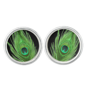 Green Peacock Feather on Black Cufflinks