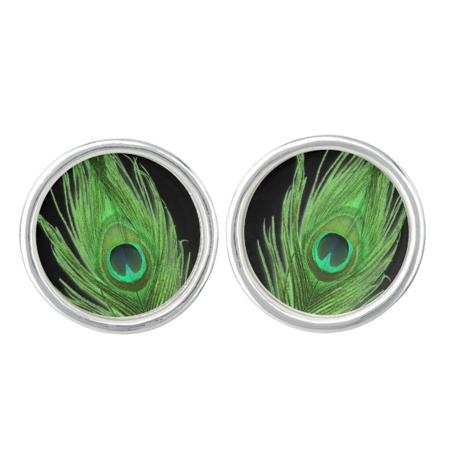 Green Peacock Feather on Black Cufflinks (Front)
