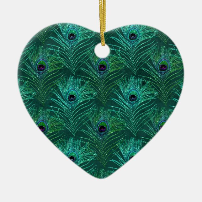 Green peacock feather pattern from bird peacock ceramic ornament (Front)