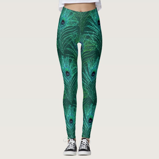 Green peacock feather pattern from bird peacock leggings (Front)