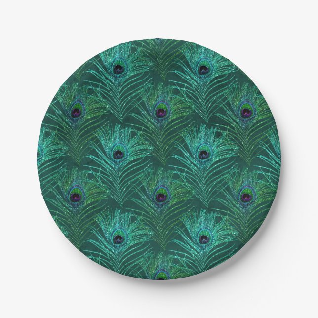 Green peacock feather pattern from bird peacock paper plates (Front)