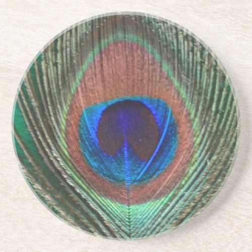 Green Peacock Feather Sandstone Coaster
