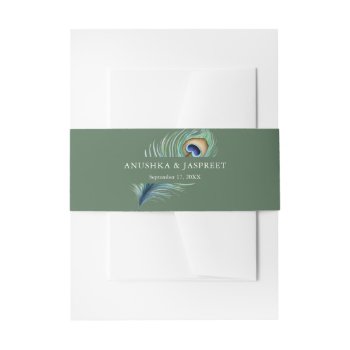 Green Peacock Feather Wedding Invitation Belly Band by ShabzDesigns at Zazzle