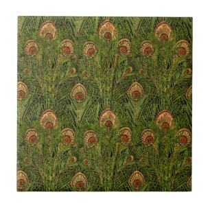 Green Peacock Feathers Ceramic Tile