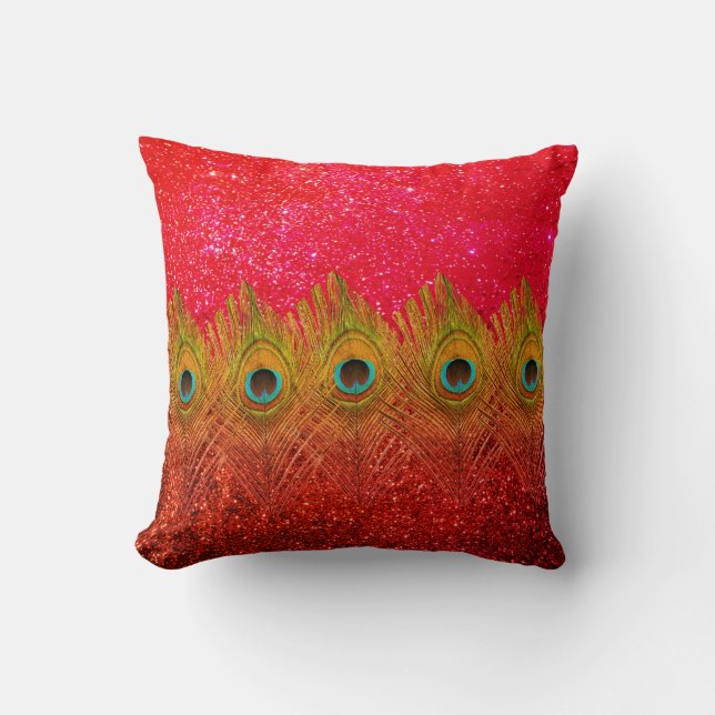 Green Peacock Feathers Glittery Red Colorful Cute Throw Pillow (Front)