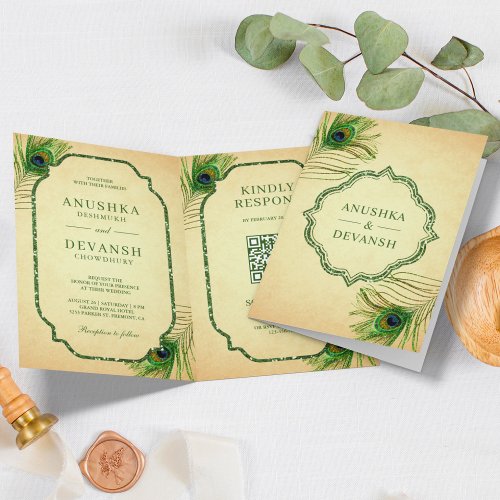 Green Peacock Feathers QR Code Indian Wedding Invitation