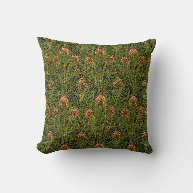 Green Peacock Feathers Throw Pillow (Front)