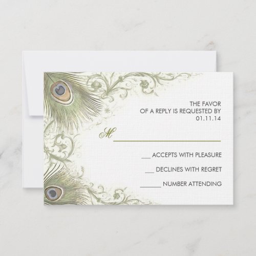 green peacock feathers vintage wedding RSVP cards