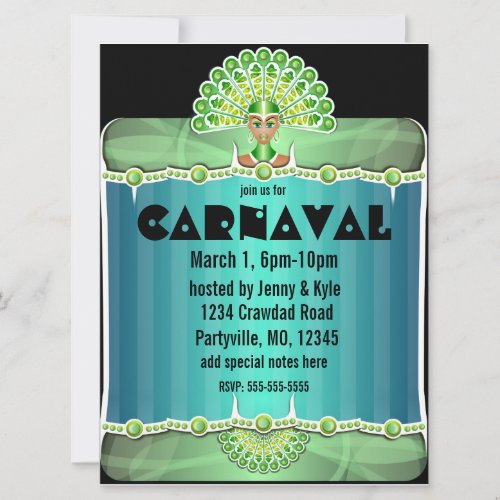 Green Peacock Lady Carnaval Invitations