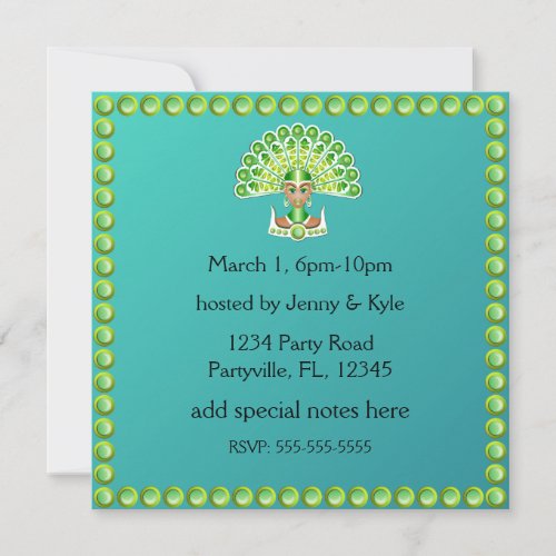 Green Peacock Lady Carnaval Invitations