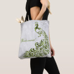 Green Peacock Leaf Vine Bridesmaid Tote<br><div class="desc">Personalize a all over print bag for your bridesmaids with a Green Peacock Leaf Vine Bridesmaid's Tote Bag. Tote design features a light gray grunge background with a vibrant green peacock with a leaf vine embellishment. Personalize with the bridesmaid's name or keep the bridesmaid title. Additional wedding stationery and gifts...</div>