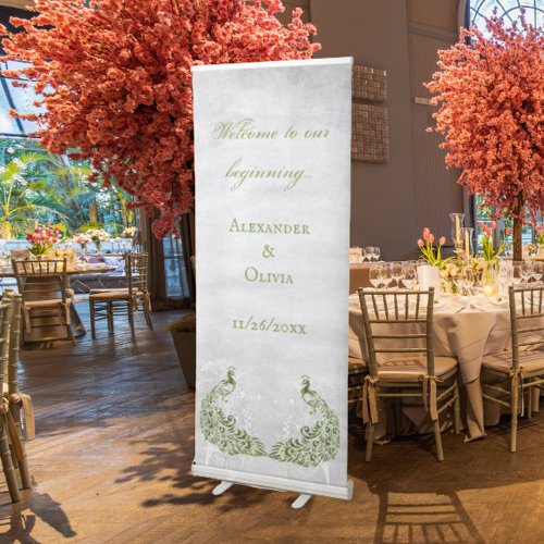Green Peacock Leaf Vine Wedding Retractable Banner
