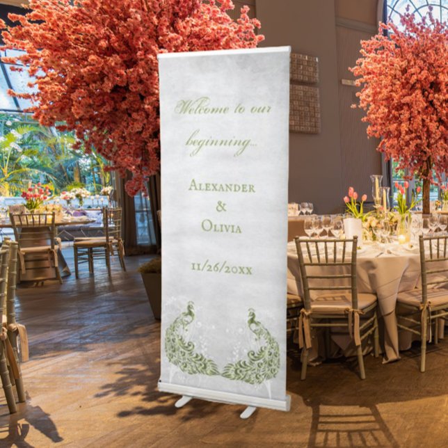 Green Peacock Leaf Vine Wedding Retractable Banner (Green Peacock Leaf Vine Wedding Welcome Banner)