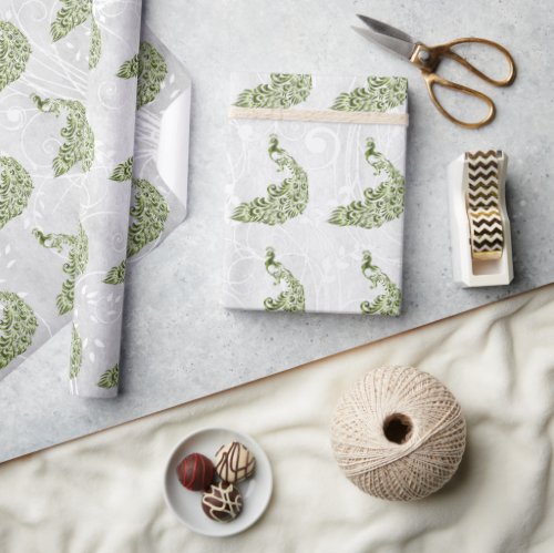 Green Peacock Leaf Vine Wedding Wrapping Paper