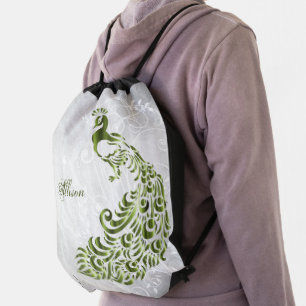 Green Peacock Personalized Drawstring Backpack