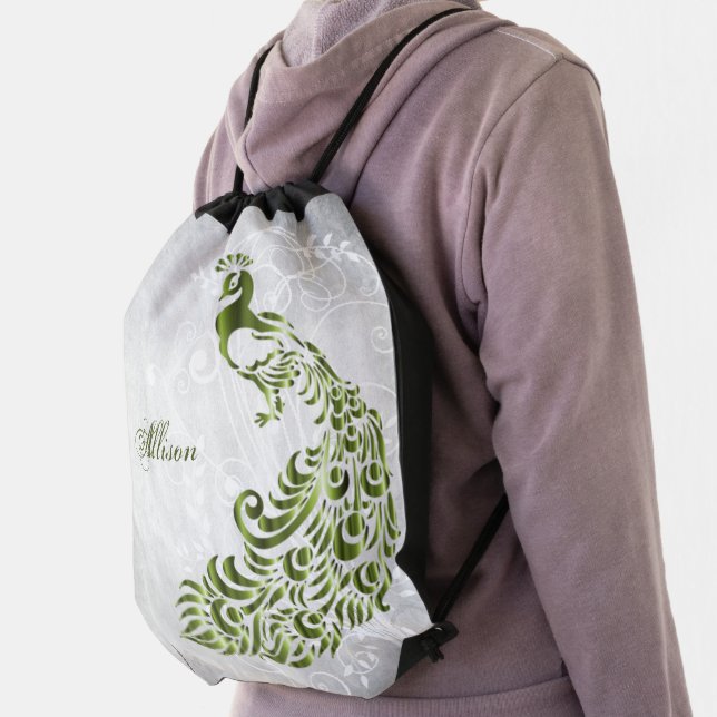 Green Peacock Personalized Drawstring Backpack (Insitu)