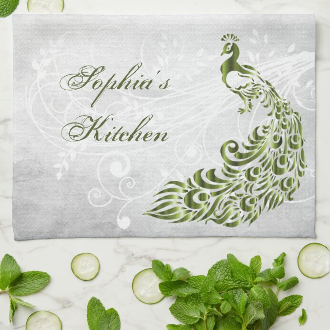 Green Peacock Personalized Kitchen Towel (Folded)
