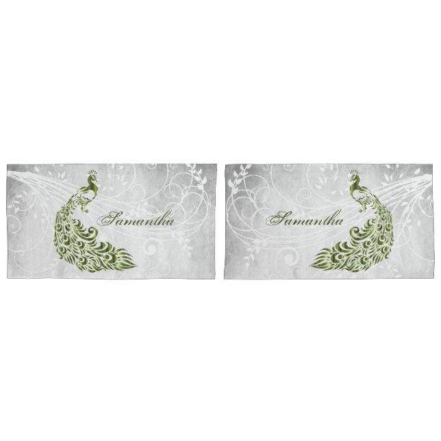 Green Peacock Personalized Pillowcases (Front-Set)