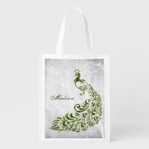 Green Peacock Personalized Reusable Grocery Bag