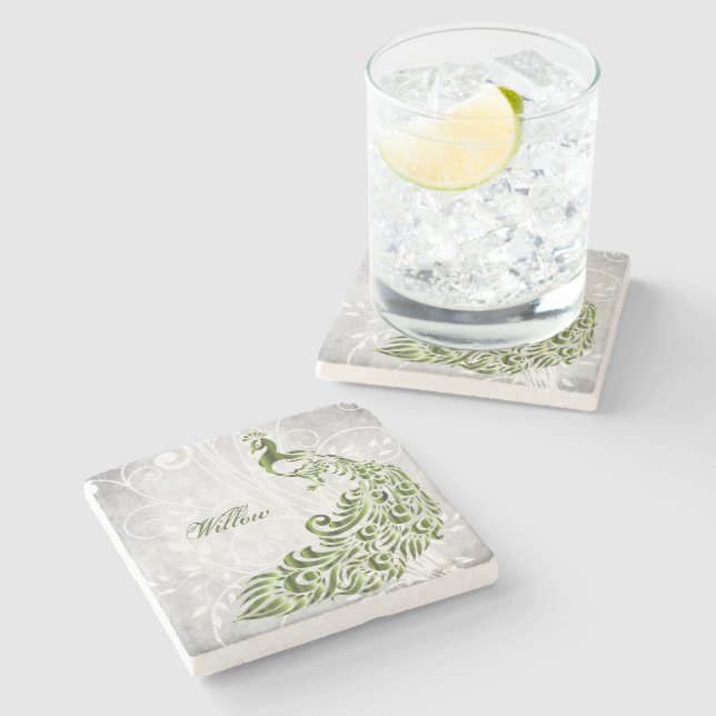 Green Peacock Personalized Stone Coaster (Side)