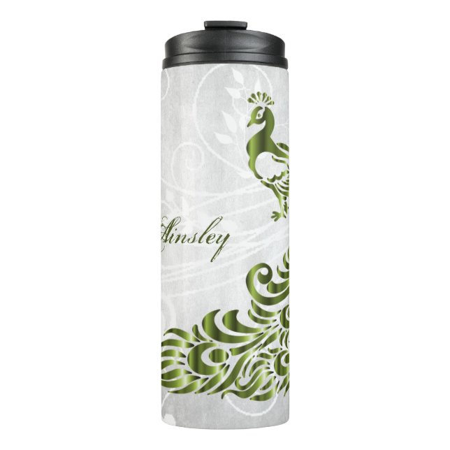 Green Peacock Personalized Thermal Tumbler (Front)