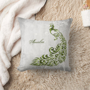 Green Peacock Personalized Throw Pillow