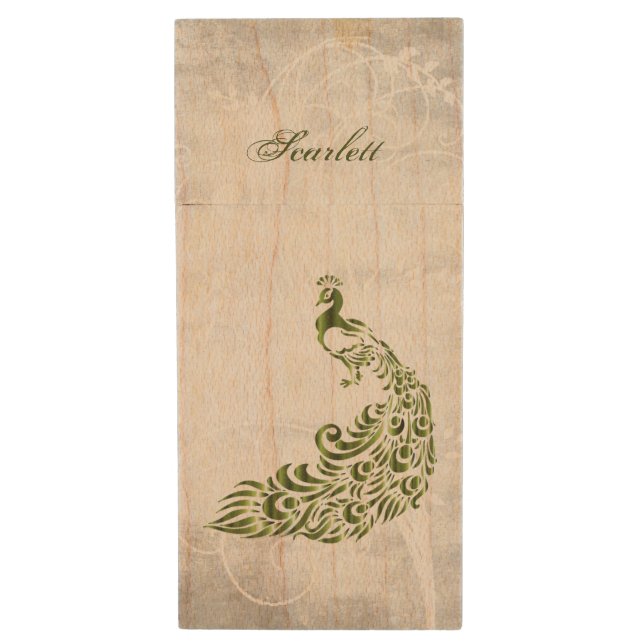 Green Peacock Personalized USB Wooden Flash Drive (Front Vertical)