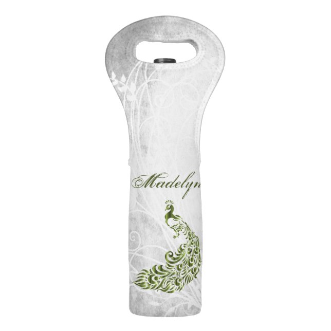 Green Peacock Personalized Wine Tote (Front)
