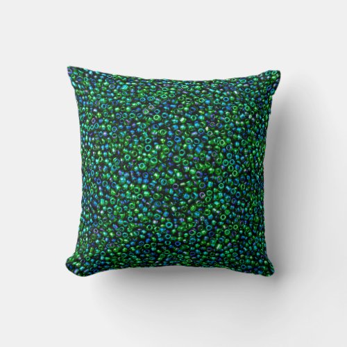 Green Peacock Rocaille Seed Beads Throw Pillow