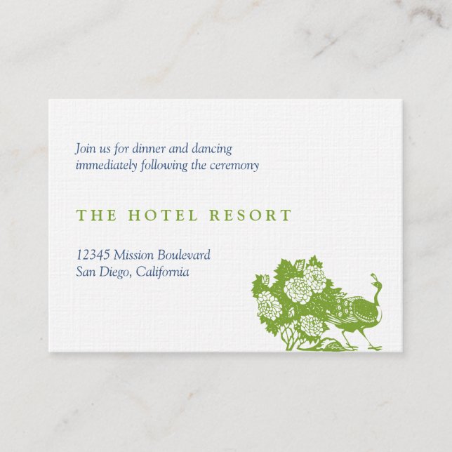 Green peacock wedding reception enclosure cards (Front)