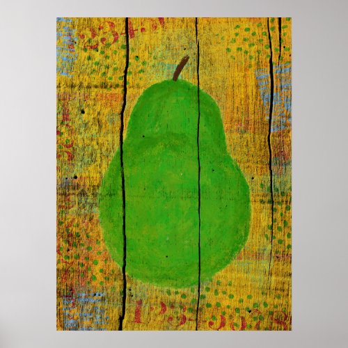 Green Pear Poster Yellow Wood Rustic Fruit Print