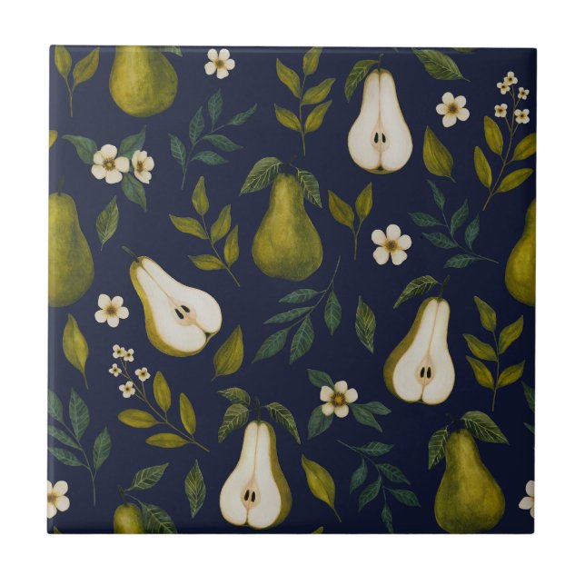 Green Pear Watercolor Pattern on Dark Blue  Ceramic Tile (Front)