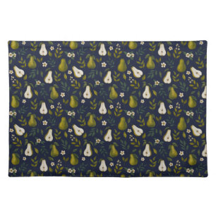 Green Pear Watercolor Pattern on Dark Blue Cloth Placemat