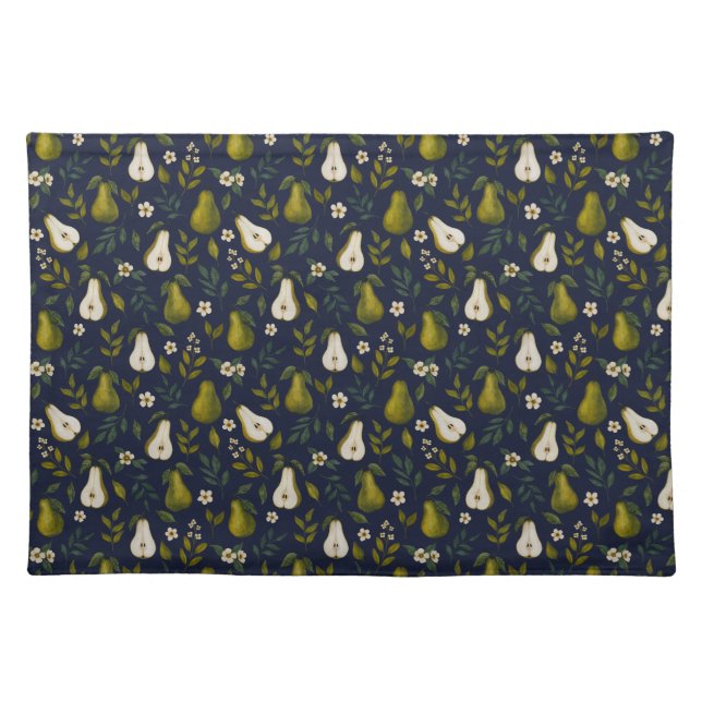 Green Pear Watercolor Pattern on Dark Blue  Cloth Placemat (Front)