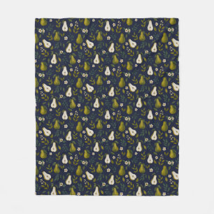 Green Pear Watercolor Pattern on Dark Blue  Fleece Blanket