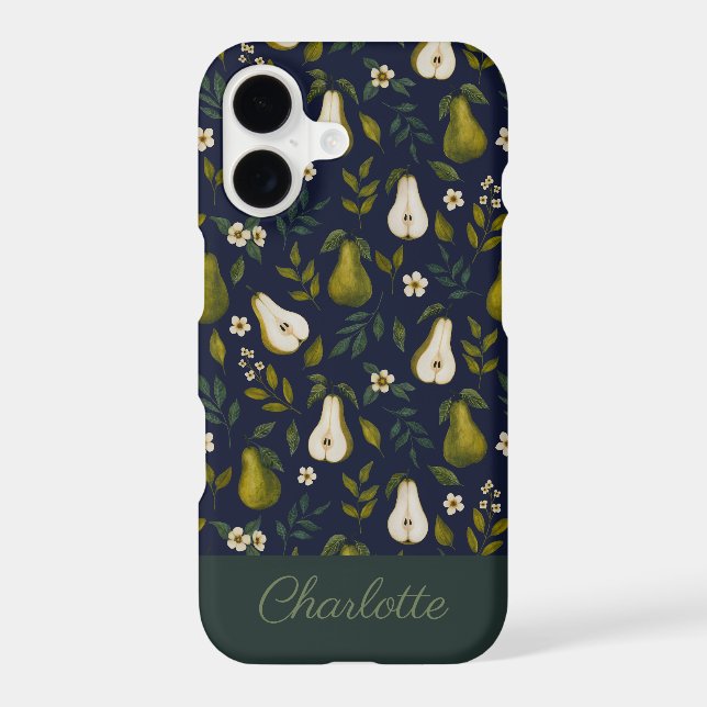 Green Pear Watercolor Pattern on Dark Blue iPhone Case (Back)