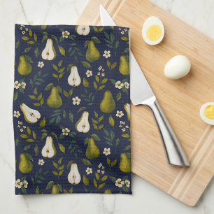 Green Pear Watercolor Pattern on Dark Blue  Kitchen Towel