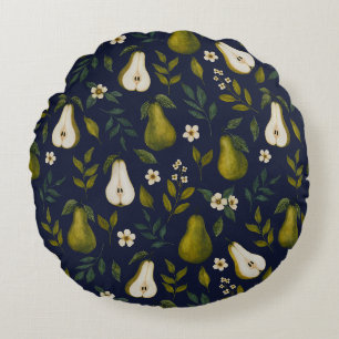Green Pear Watercolor Pattern on Dark Blue  Round Pillow