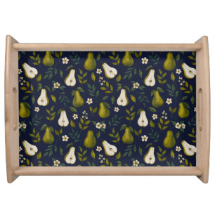 Green Pear Watercolor Pattern on Dark Blue Serving Tray
