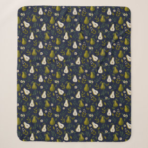 Green Pear Watercolor Pattern on Dark Blue Sherpa Blanket